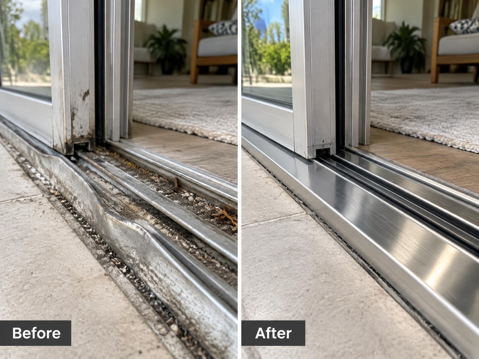 Worn aluminium sliding door track before, and a new stainless steel cover track after